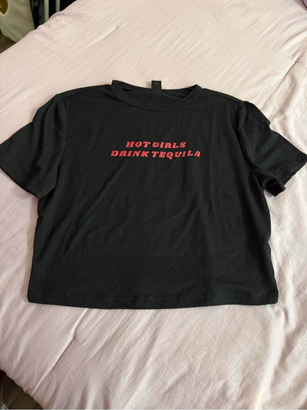 Black Crop Tee with Red Slogan - Hot Girls Drink Tequila